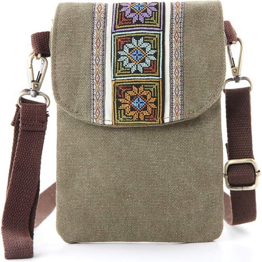 Vintage Embroidered Canvas Flip Small Crossbody Bag Cell Phone Pouch For Women W